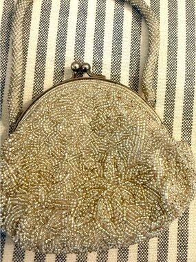 Gold Beaded Floral Evening Clutch with Chain Strap